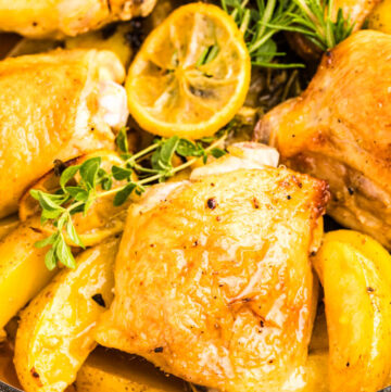 Greek Lemon Chicken and Potatoes on a braising pan