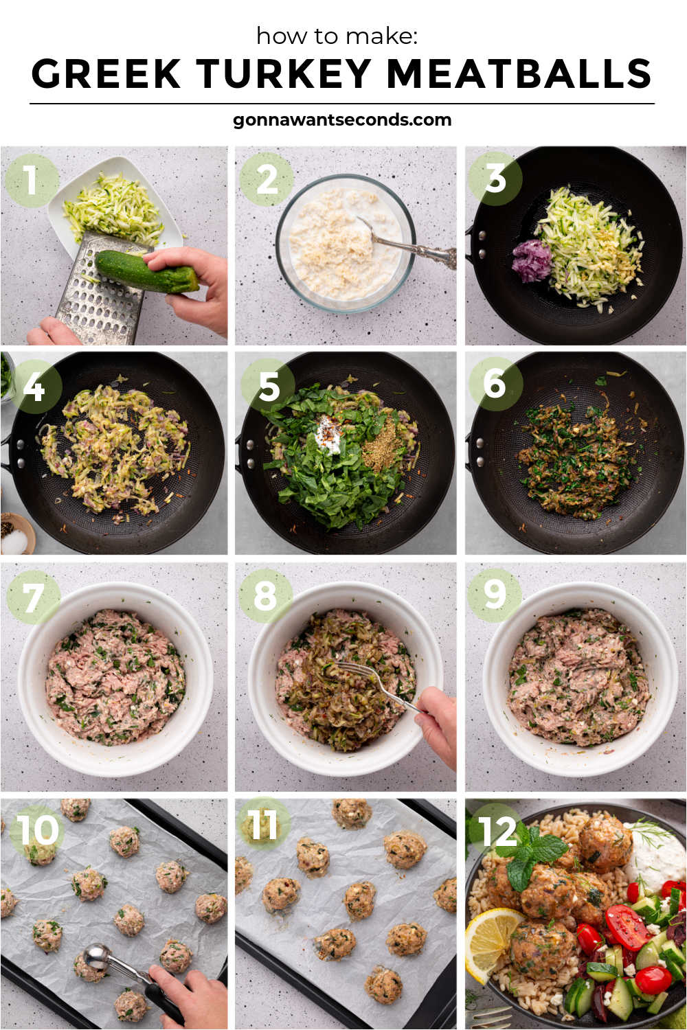 Juicy Greek turkey meatballs baked with feta, zucchini & herbs—cozy, crave-worthy comfort food your whole family will love. #turkeymeatballs #greekmeatballs Step by step how to make Greek Turkey Meatballs