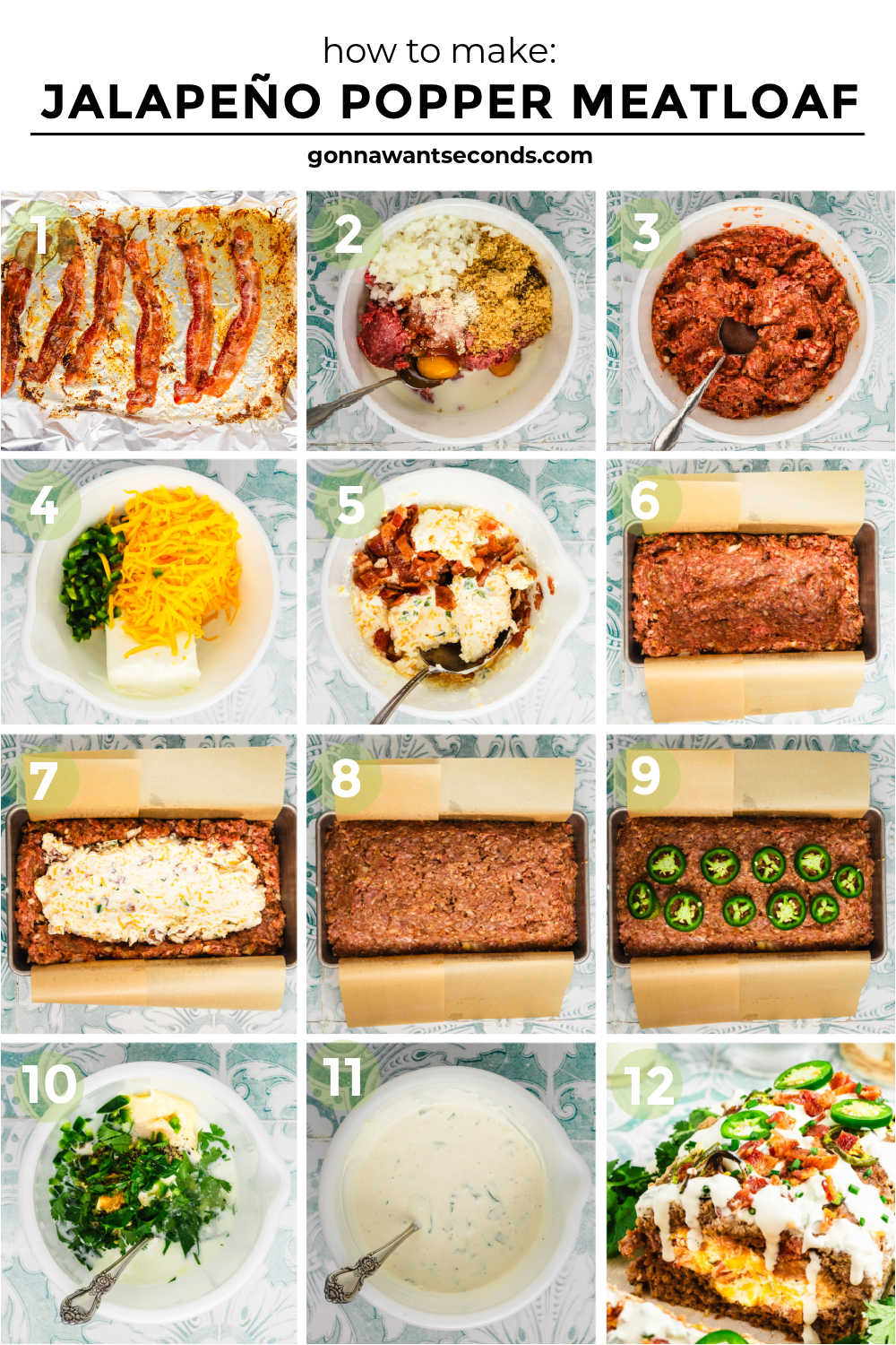 Spicy, cheesy Jalapeño Popper Meatloaf stuffed with cream cheese, cheddar, bacon, and jalapeños—comfort food made easy for family dinners. #jalapenopopper #meatloaf Step by step how to make Jalapeño Popper Meatloaf