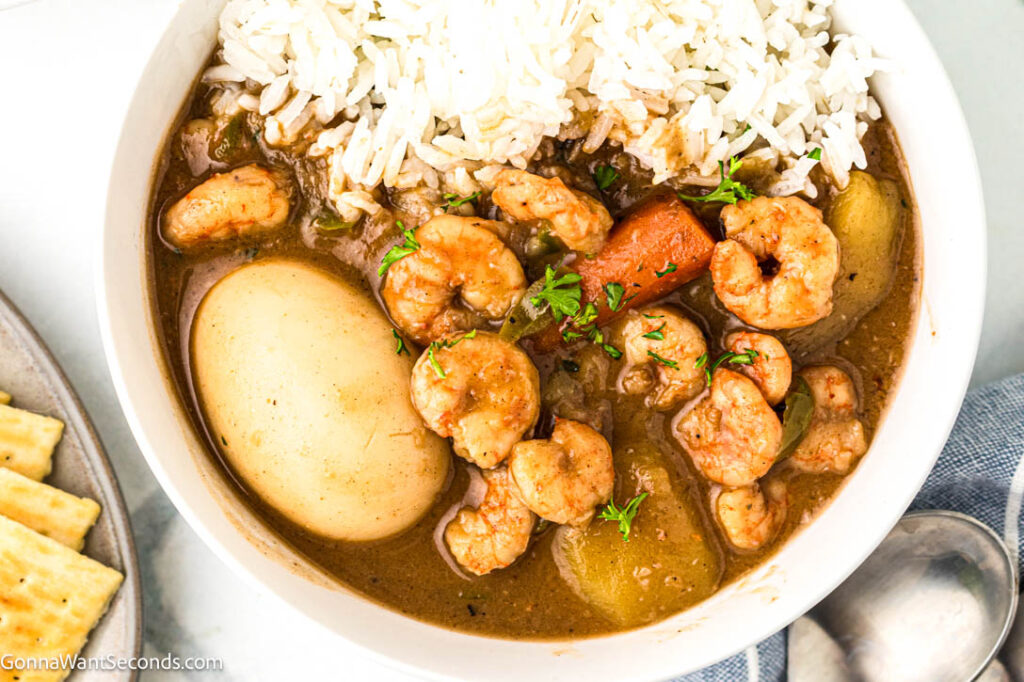 a bowl of shrimp stew with rice and egg, with crackers on the side