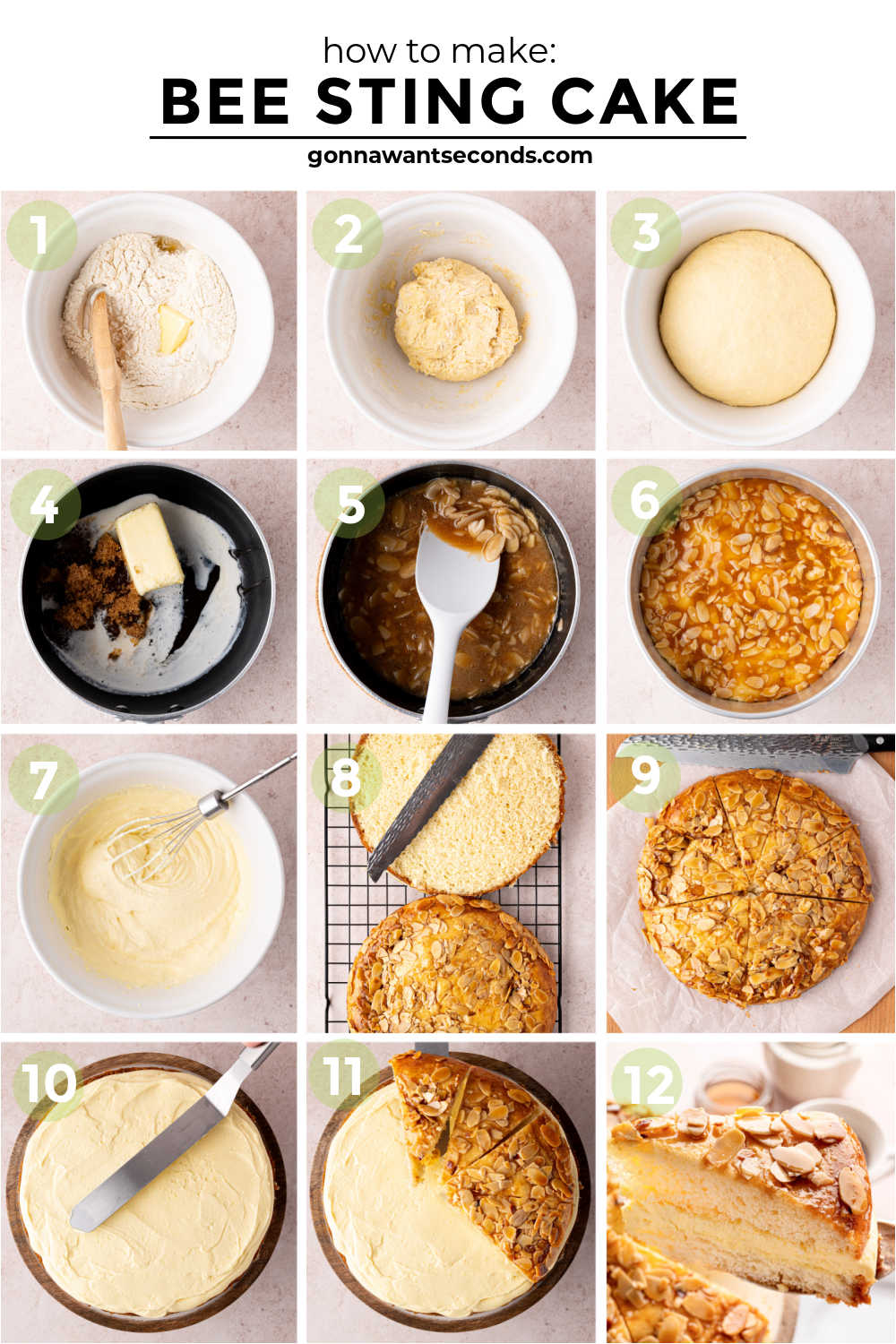 Bee Sting Cake features a soft brioche base, honey-almond topping, and creamy vanilla filling — a dreamy German dessert everyone will love! #beestingcake #bienenstich step by step how to make Bee Sting Cake