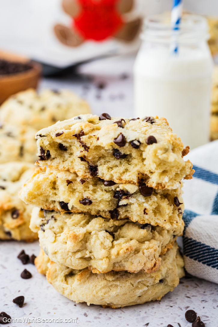 Indulge in Chocolate Chip Cheesecake Cookies that blend creamy cheese with melty chocolate chips for a delightful treat. #chocolatechipcookies #cheesecakecookies Chocolate Chip Cheesecake Cookies stack on top of each other