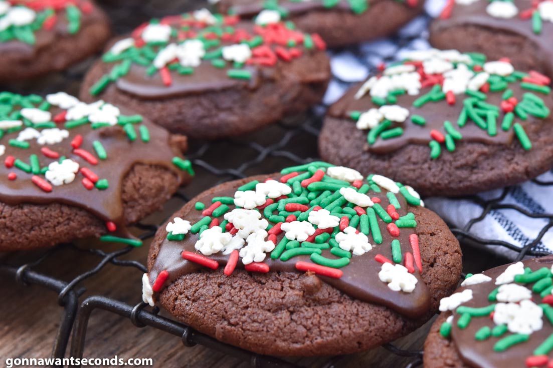 chocolate Christmas cookies with glaze, on a cooling rack