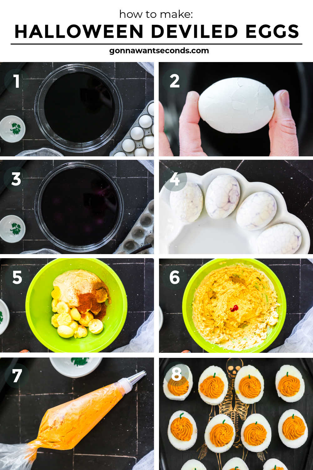 These spooky-cute Halloween Deviled Eggs have black-cracked shells and creamy orange filling. It's a stunning addition to any Halloween spread! #halloweenappetizers #deviledeggs step by step how to make Halloween Deviled Eggs