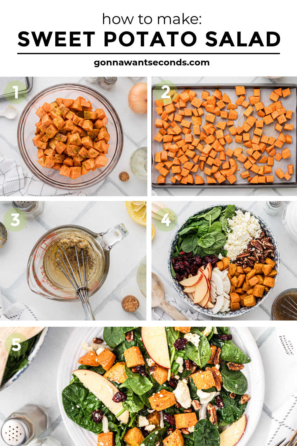 Roasted sweet potatoes, spinach, apple, feta, and pecans tossed in a maple-lemon dressing — a cozy sweet potato salad for any season! #sweetpotato #sweetpotatosalad step by step how to make feta sweet potato salad