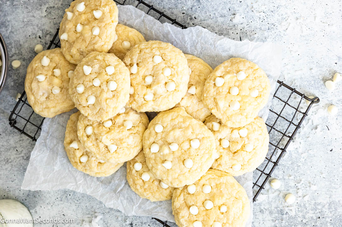 White Chocolate Coconut Cookies on a cooling rack