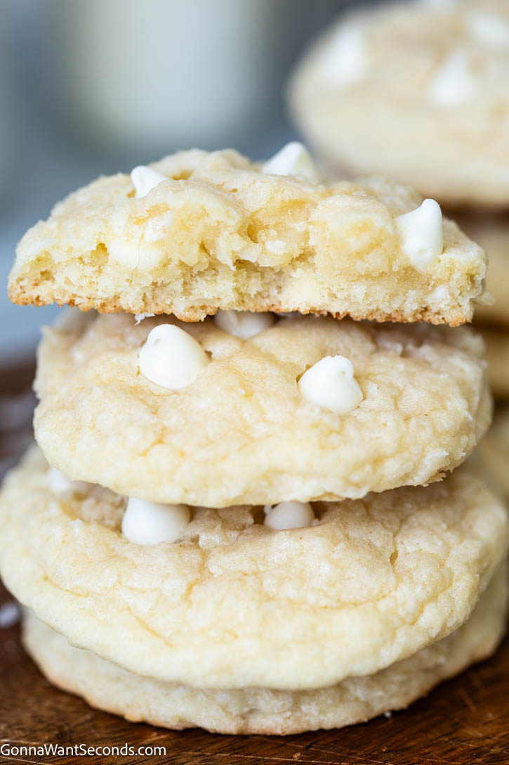 White Chocolate Coconut Cookies stack on top of each other