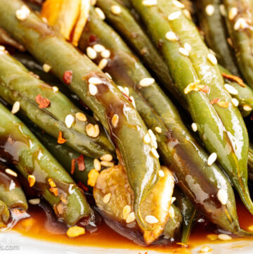 Asian Green Beans tossed with garlic, ginger, and a glossy soy glaze