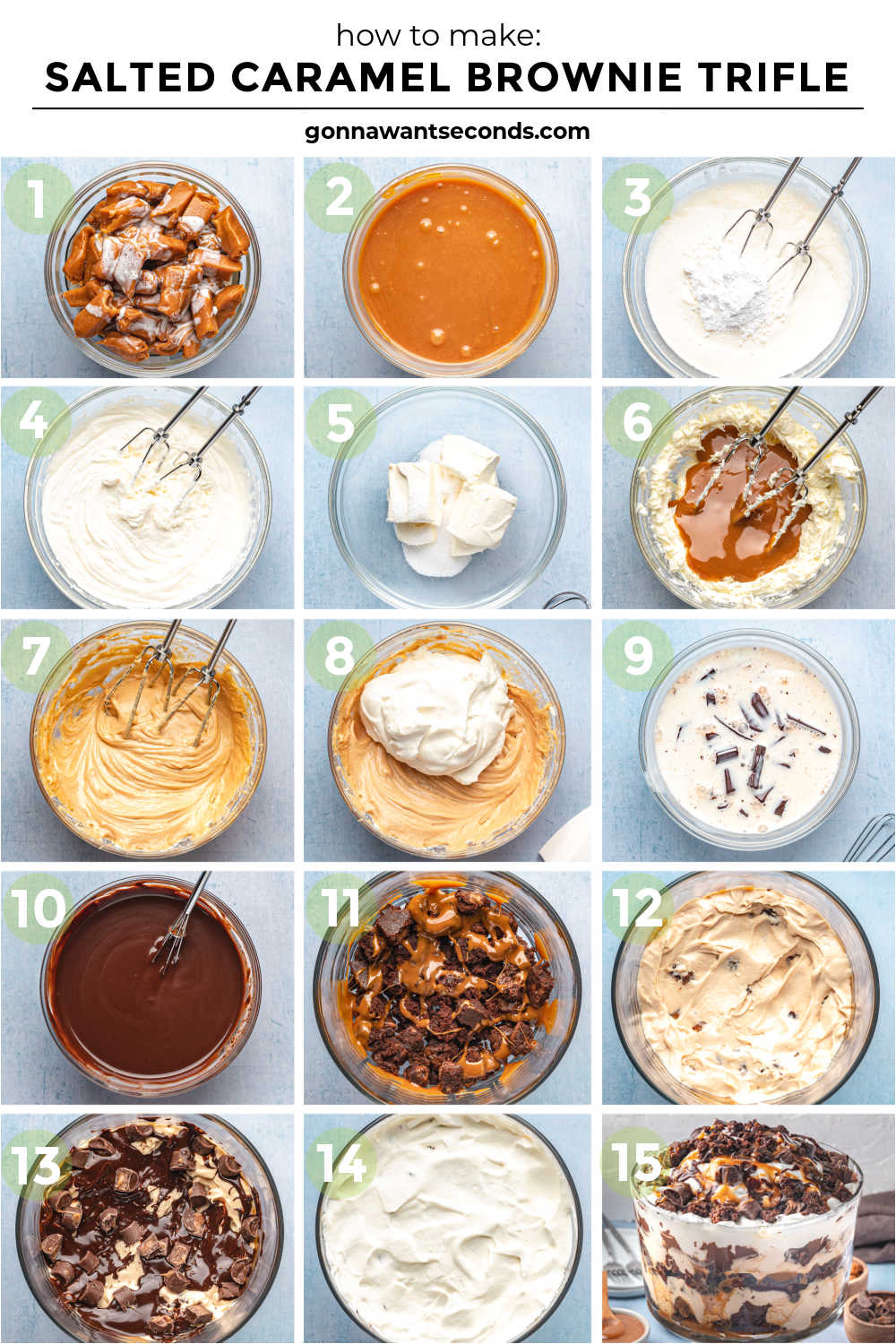 Rich layers of fudgy brownies, caramel mousse, whipped cream, and ganache make this Salted Caramel Brownie Trifle pure dessert bliss. #brownietrifle #trifle Step by step how to make salted caramel brownie trifle