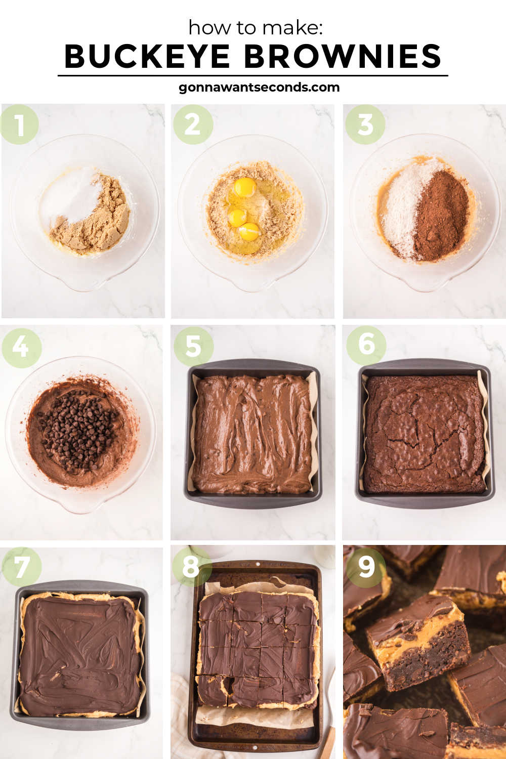 Ultra-fudgy Buckeye Brownies with a creamy peanut butter layer + glossy chocolate topping. A Nostalgic chocolate-PB dessert everyone loves. #buckeyerecipes #brownies step by step how to make buckeye brownies