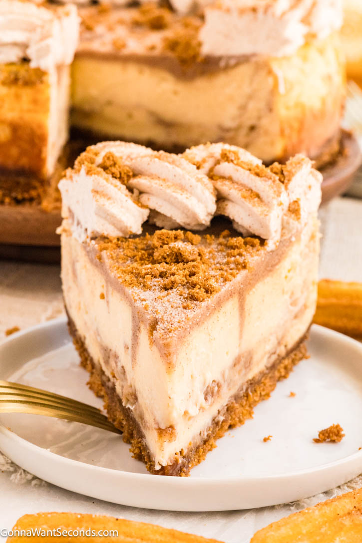 Churro Cheesecake combines creamy vanilla cheesecake and cinnamon, a buttery Biscoff crust, with swirls of cinnamon chip ganache, and cinnamon whipped cream. #cheesecake #churrocheesecake A slice of churro cheesecake with swirls of cinnamon chip ganache, and cinnamon whipped cream