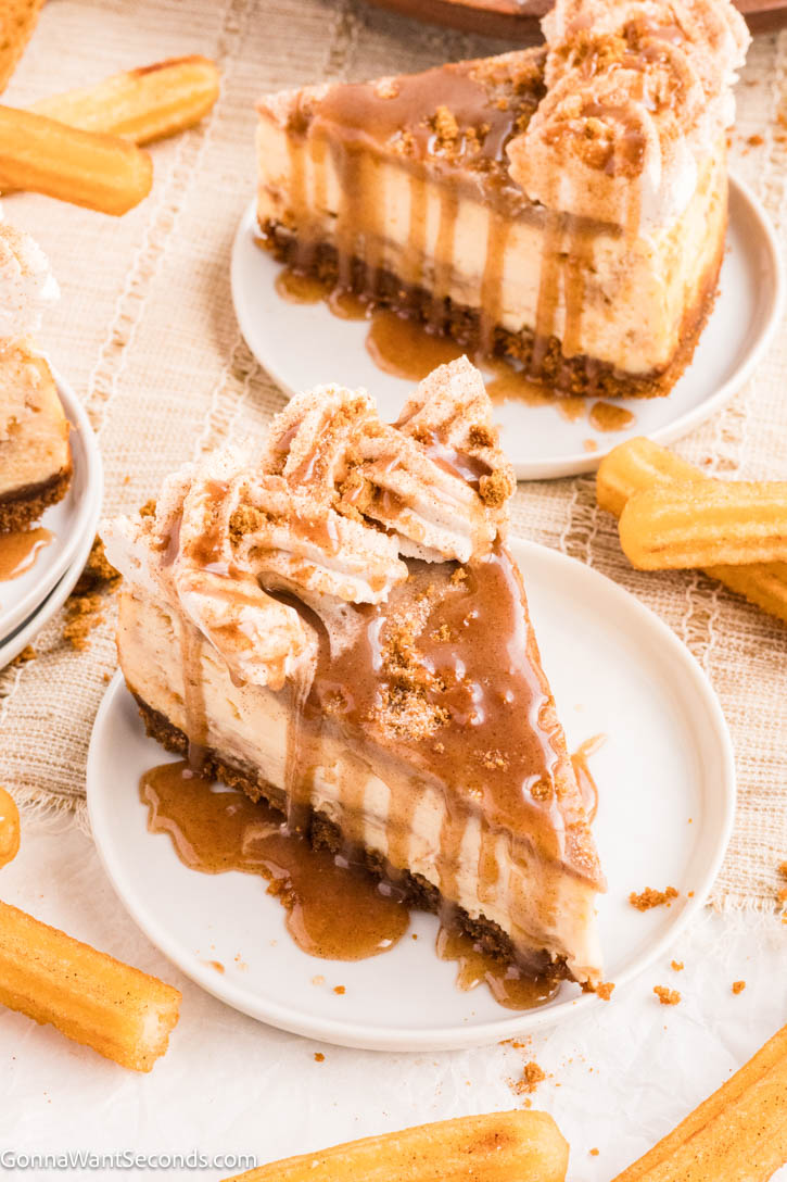 Churro Cheesecake combines creamy vanilla cheesecake and cinnamon, a buttery Biscoff crust, with swirls of cinnamon chip ganache, and cinnamon whipped cream. #cheesecake #churrocheesecake A slice of churro cheesecake with swirls of cinnamon chip ganache, and cinnamon whipped cream