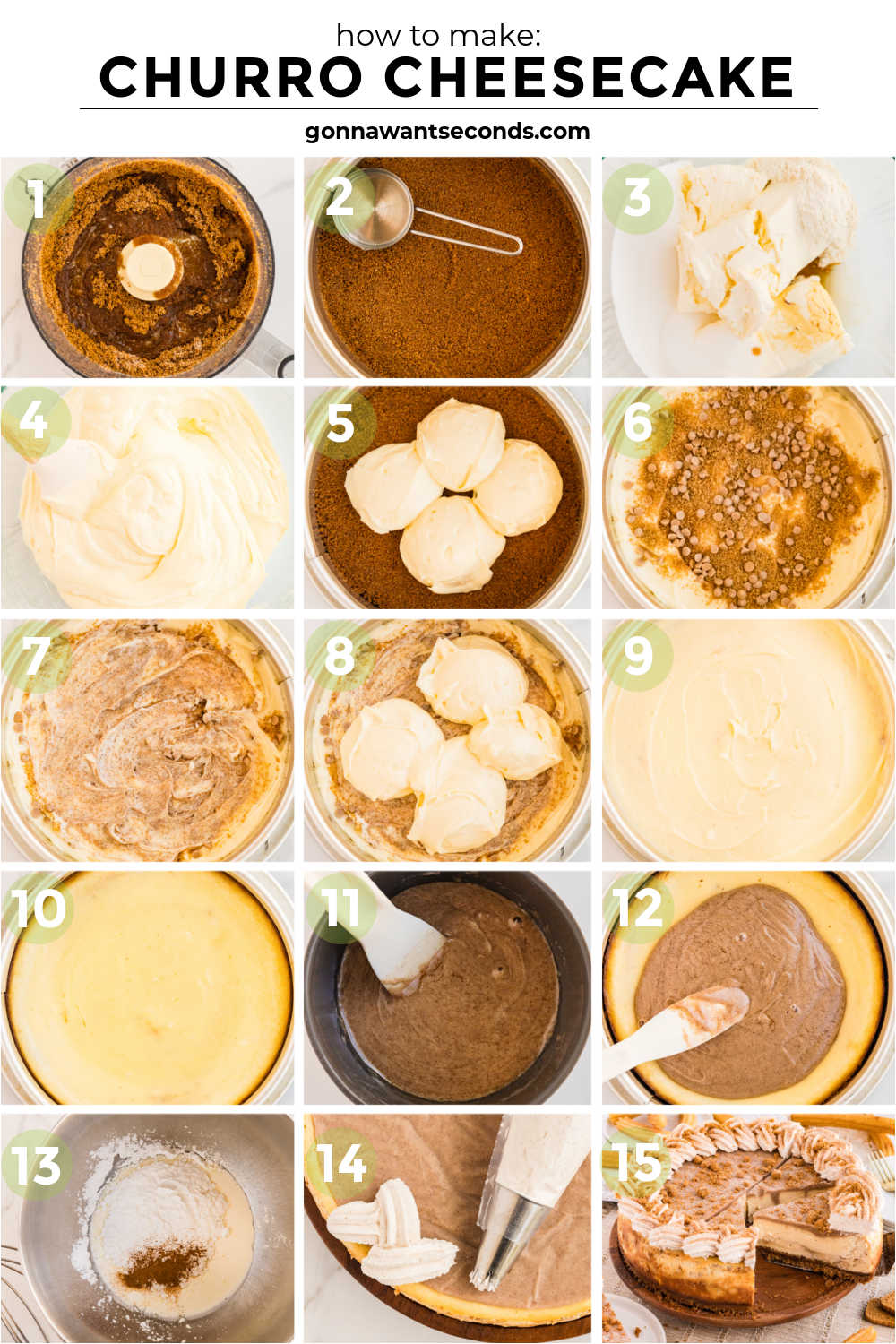 Churro Cheesecake combines creamy vanilla cheesecake and cinnamon, a buttery Biscoff crust, with swirls of cinnamon chip ganache, and cinnamon whipped cream. #cheesecake #churrocheesecake Step by step how to make churro cheesecake