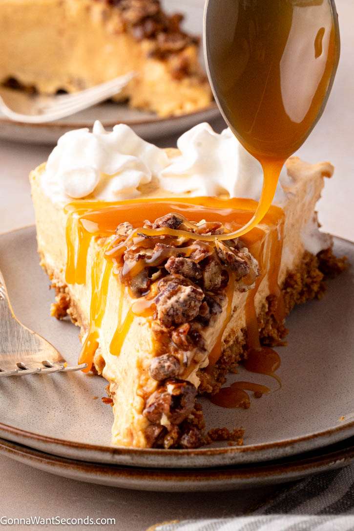 This No Bake Pumpkin Cheesecake is rich, creamy, and perfectly spiced with a buttery Biscoff crust—an easy, elegant fall dessert you’ll love. #pumpkincheesecake #nobakecheesecake a slice of no bake pumpkin cheesecake with buttery Biscoff crust and drizzle of caramel on top