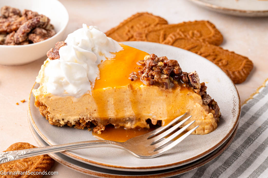 This No Bake Pumpkin Cheesecake is rich, creamy, and perfectly spiced with a buttery Biscoff crust—an easy, elegant fall dessert you’ll love. #pumpkincheesecake #nobakecheesecake a slice of no bake pumpkin cheesecake with buttery Biscoff crust and drizzle of caramel on top
