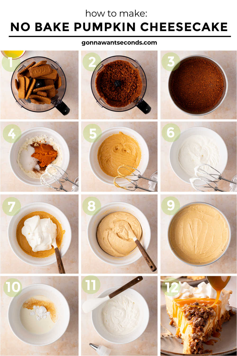 This No Bake Pumpkin Cheesecake is rich, creamy, and perfectly spiced with a buttery Biscoff crust—an easy, elegant fall dessert you’ll love. #pumpkincheesecake #nobakecheesecake Step by step how to make No Bake Pumpkin Cheesecake