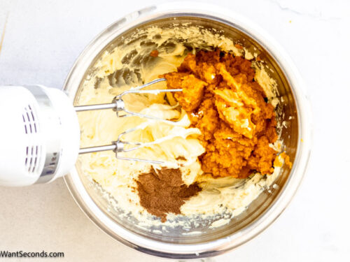 Step 3 how to make no bake pumpkin pie with cream cheese, Add pumpkin puree and pumpkin spice.