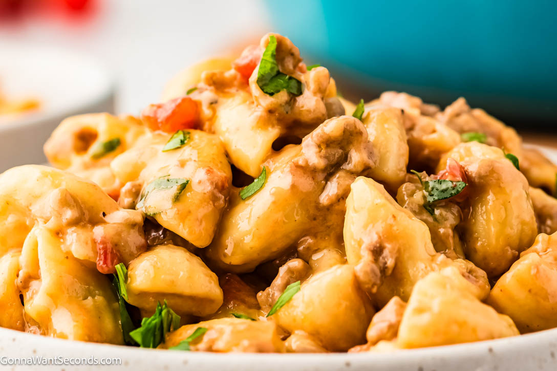 This One Pot Cheeseburger Macaroni has tender pasta, seasoned ground beef, and melty cheese with beefy sauce that tastes like your fave cheeseburger! #onepotmacaroni #cheeseburgermacaroni Cheeseburger macaroni on a plate