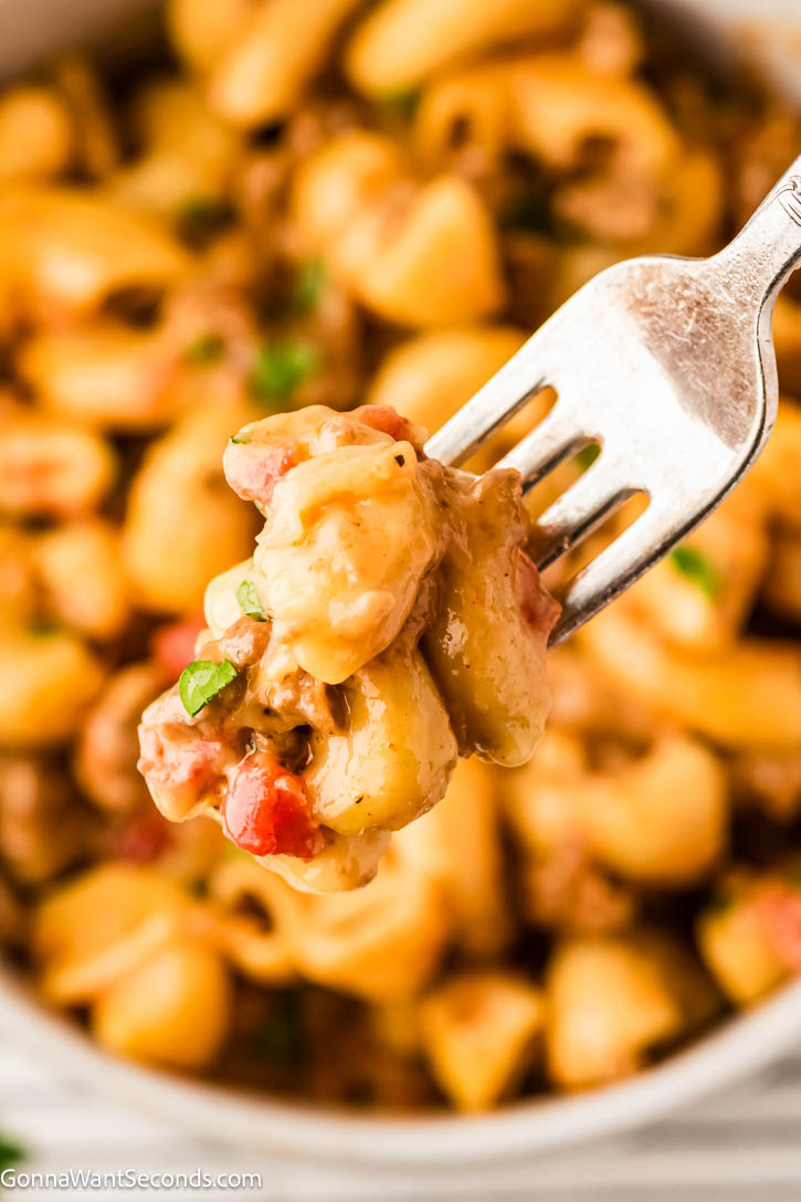 This One Pot Cheeseburger Macaroni has tender pasta, seasoned ground beef, and melty cheese with beefy sauce that tastes like your fave cheeseburger! #onepotmacaroni #cheeseburgermacaroni a forkful of One Pot cheeseburger pasta