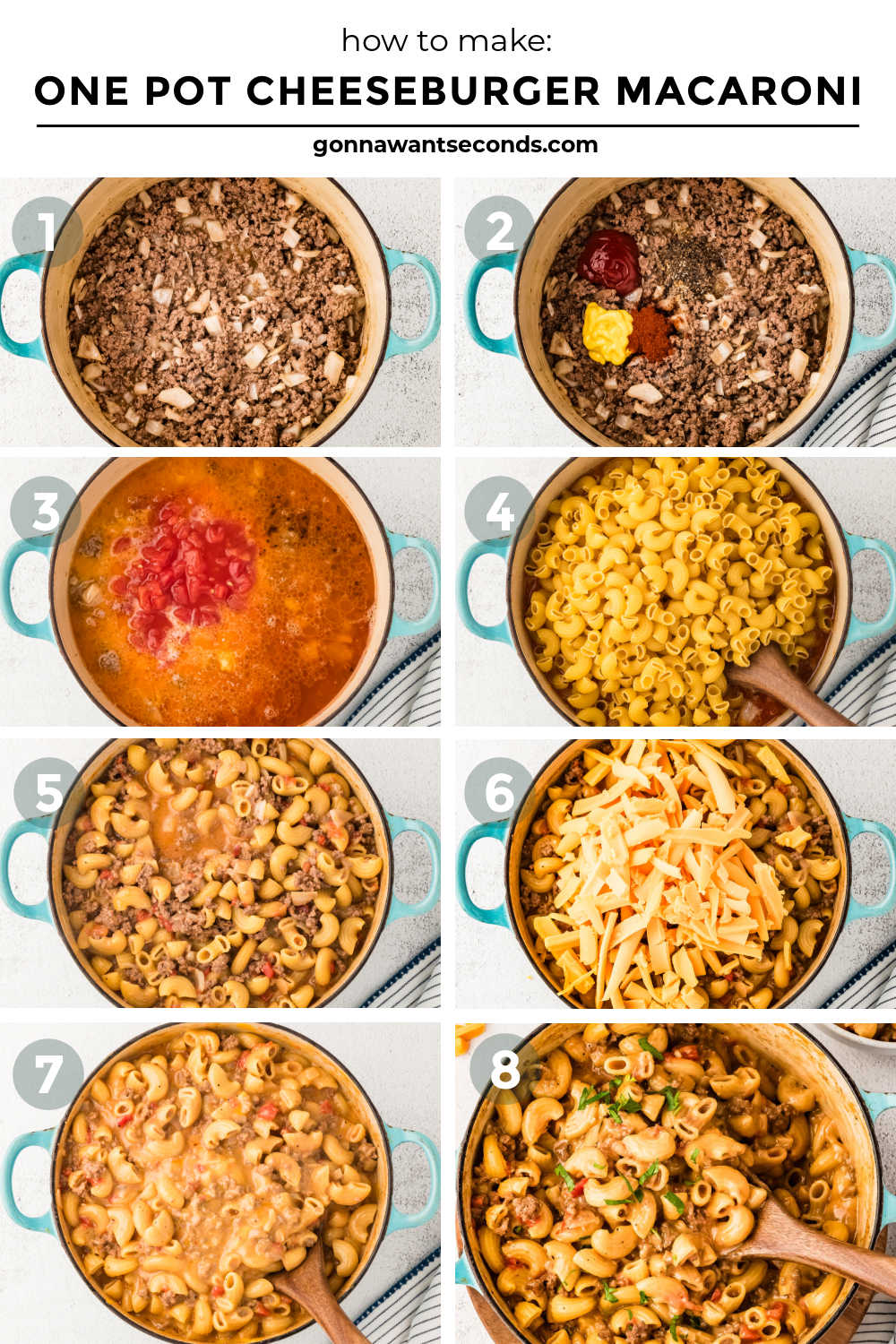 This One Pot Cheeseburger Macaroni has tender pasta, seasoned ground beef, and melty cheese with beefy sauce that tastes like your fave cheeseburger! #onepotmacaroni #cheeseburgermacaroni step by step how to make one pot cheeseburger macaroni