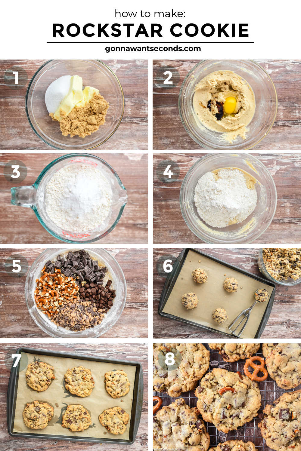 This sweet and salty Rockstar Cookie is loaded with milk chocolate chips, semi-sweet chunks, crunchy pretzels, buttery toffee bits, with sea salt on top. #rockstarcookies step by step how to make Rockstar Cookie
