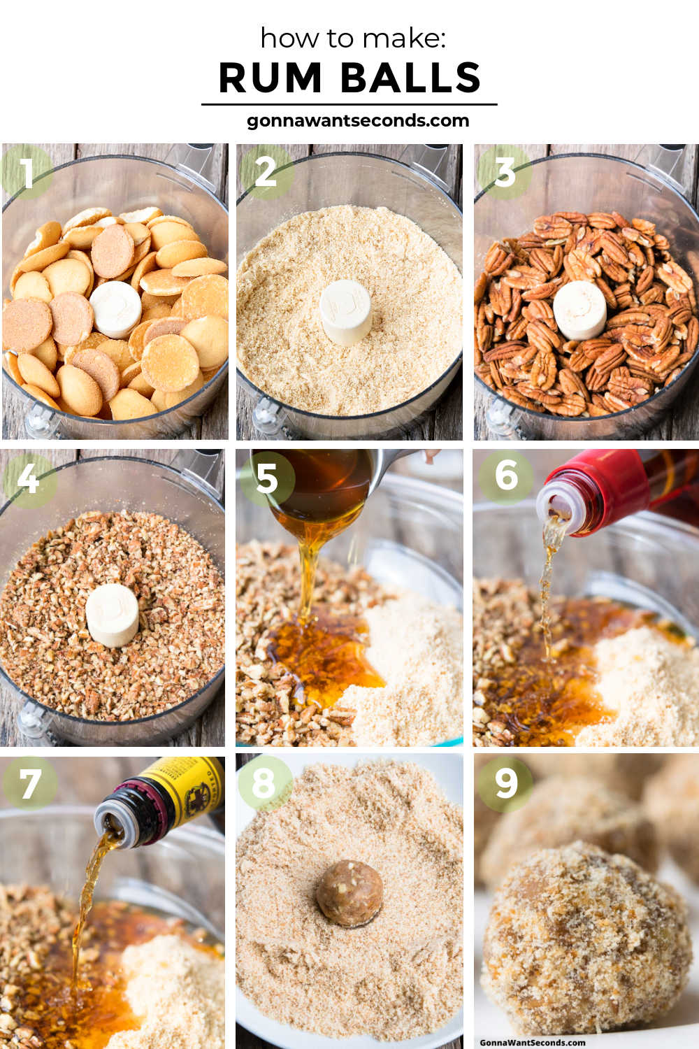 Easy Rum Balls are rich, boozy no bake bites with vanilla wafers, pecans, honey, rum, and bourbon—perfect for make-ahead gifting and parties too. #rumballs #nobake step by step how to make rum balls