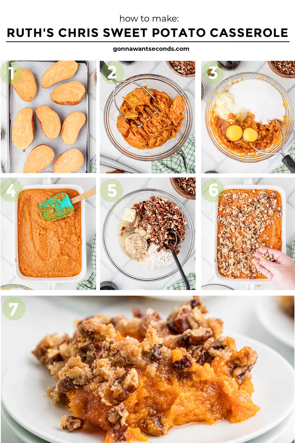 This Ruth’s Chris Sweet Potato Casserole has silky smooth sweet potatoes, with golden and crisp brown sugar–pecan topping. It's the best holiday side dish! #sweetpotatoes #sweetpotatocasserole Step by step how to make Ruth’s Chris Sweet Potato Casserole