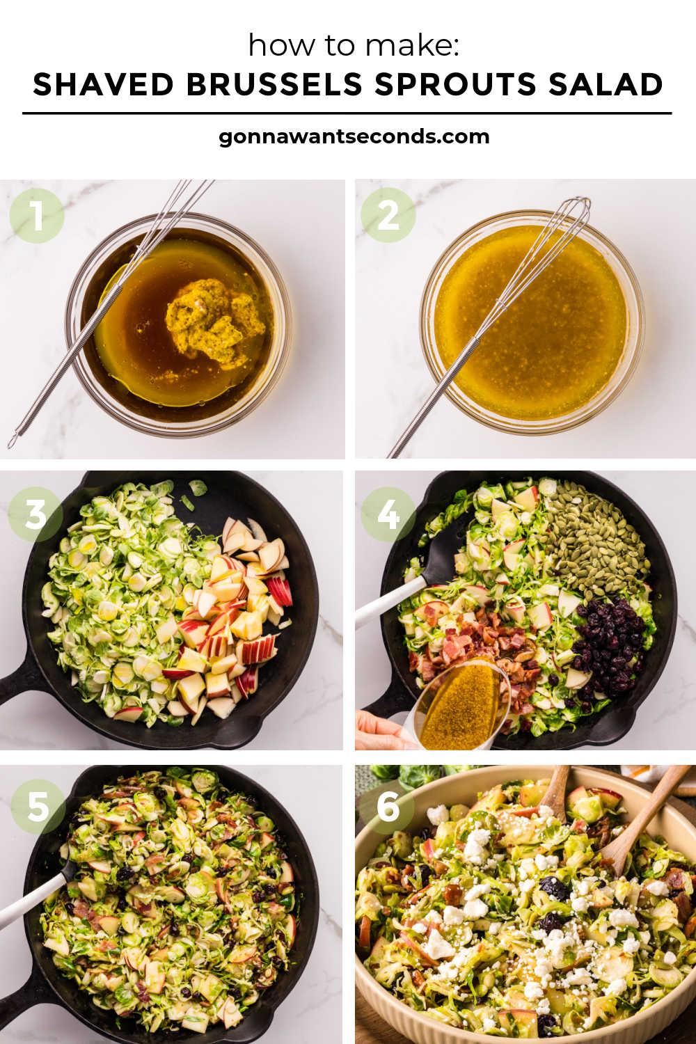 Warm shaved Brussels sprouts salad with apples, bacon, cranberries, and feta in a maple mustard dressing — cozy, colorful, and ready in 20 minutes! #Brusselssprout #Brusselssproutsalad step by step how to make shaved Brussels sprouts salad