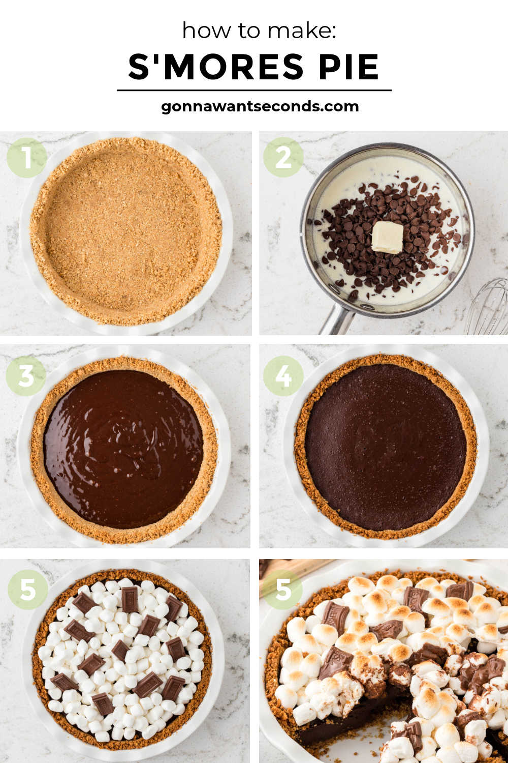 S’mores Pie has a buttery graham crust, silky chocolate filling, and golden toasted marshmallows—gooey, sliceable, and simply irresistible! #smores #smorespie Step by step how to make S'mores Pie