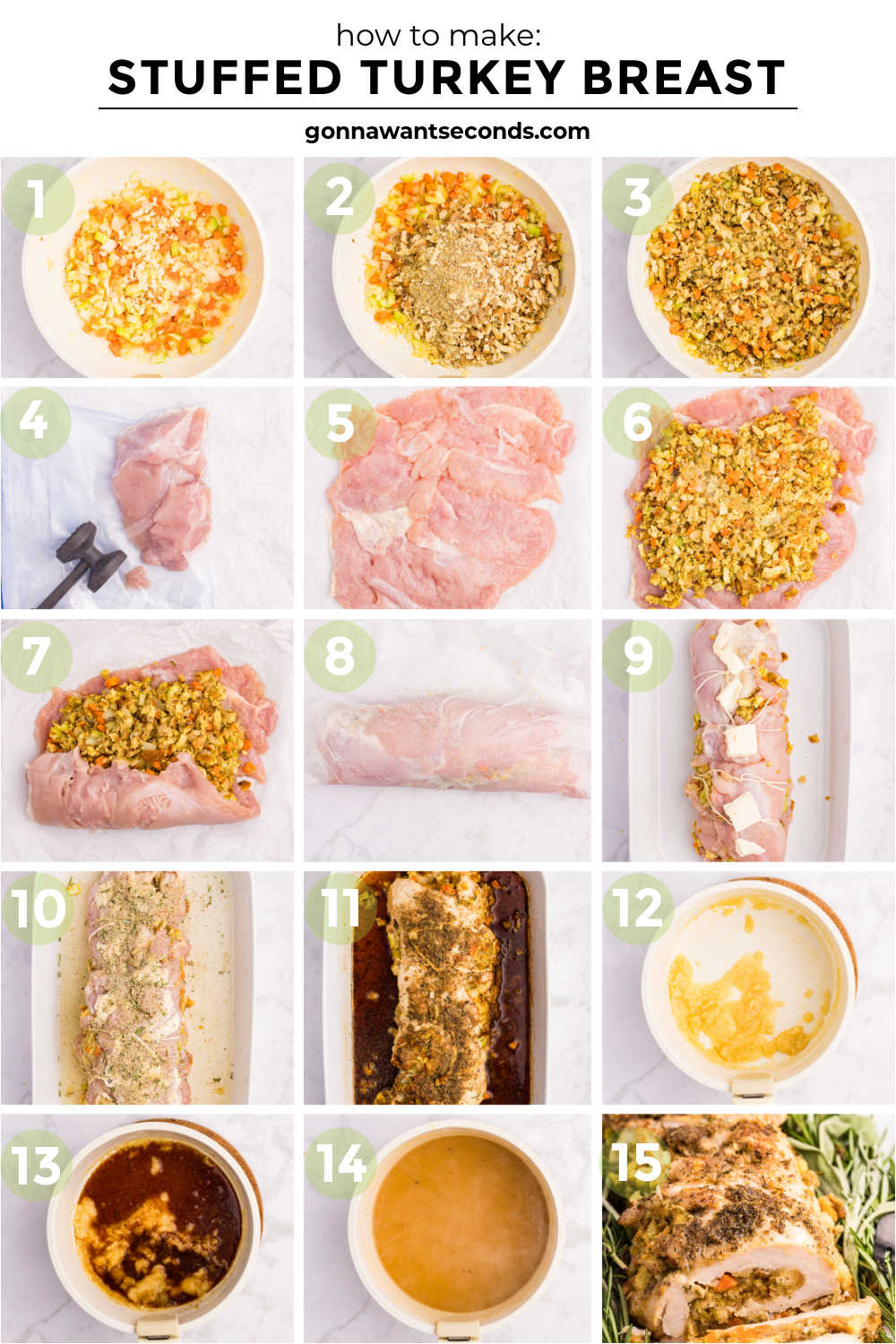 This Stuffed Turkey Breast is tender, juicy, and filled with a cozy apple-herb stuffing that tastes like the very best parts of Thanksgiving. #stuffedturkeybreast #turkeybreast Step by step how to make stuffed turkey breast