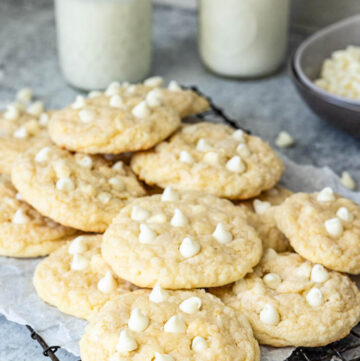 White Chocolate Coconut Cookies on a cooling rack