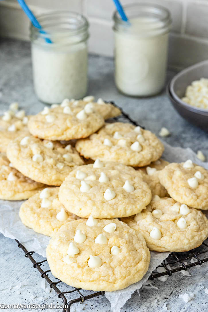 White Chocolate Coconut Cookies on a cooling rack