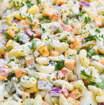 Best macaroni salad on a serving plate