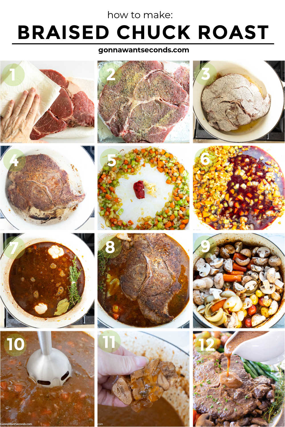 Mouthwateringly, melt-in-your-mouth braised chuck roast with silky blended gravy made right from the braising liquid—no extra thickeners needed!! #braisedbeef #braisedchuckroast step by step how to make braised chuck roast