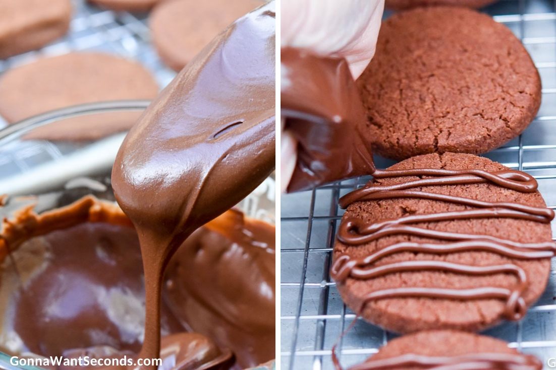 how to make chocolate shortbread cookies, adding melted chocolate on top of the cookie