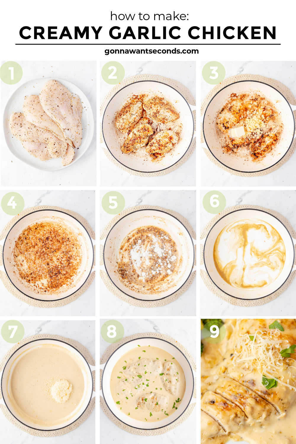 Creamy garlic chicken with tender seared chicken in a rich Parmesan cream sauce. Balanced, silky, and perfect over pasta or mashed potatoes. #creamygarlicchicken #garlicchicken Step by step how to make Creamy garlic chicken