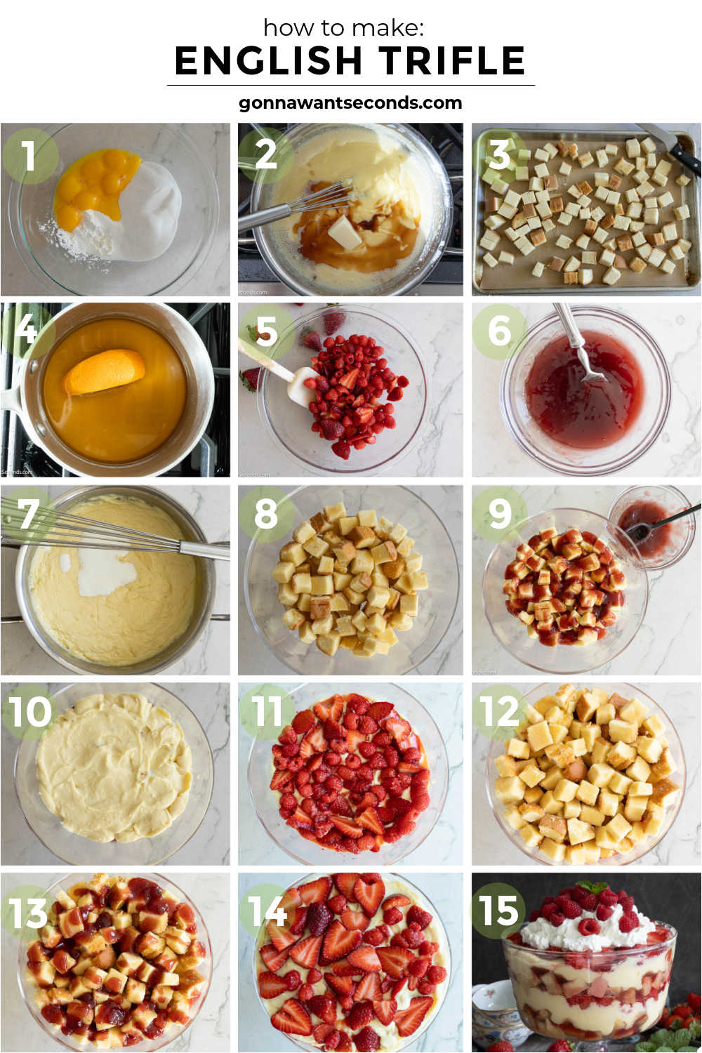 English trifle is a dreamy, make-ahead showstopper with sherry-soaked pound cake, silky vanilla custard, berries, and whipped cream. #englishtrifle #trifle Step by step how to make english trifle