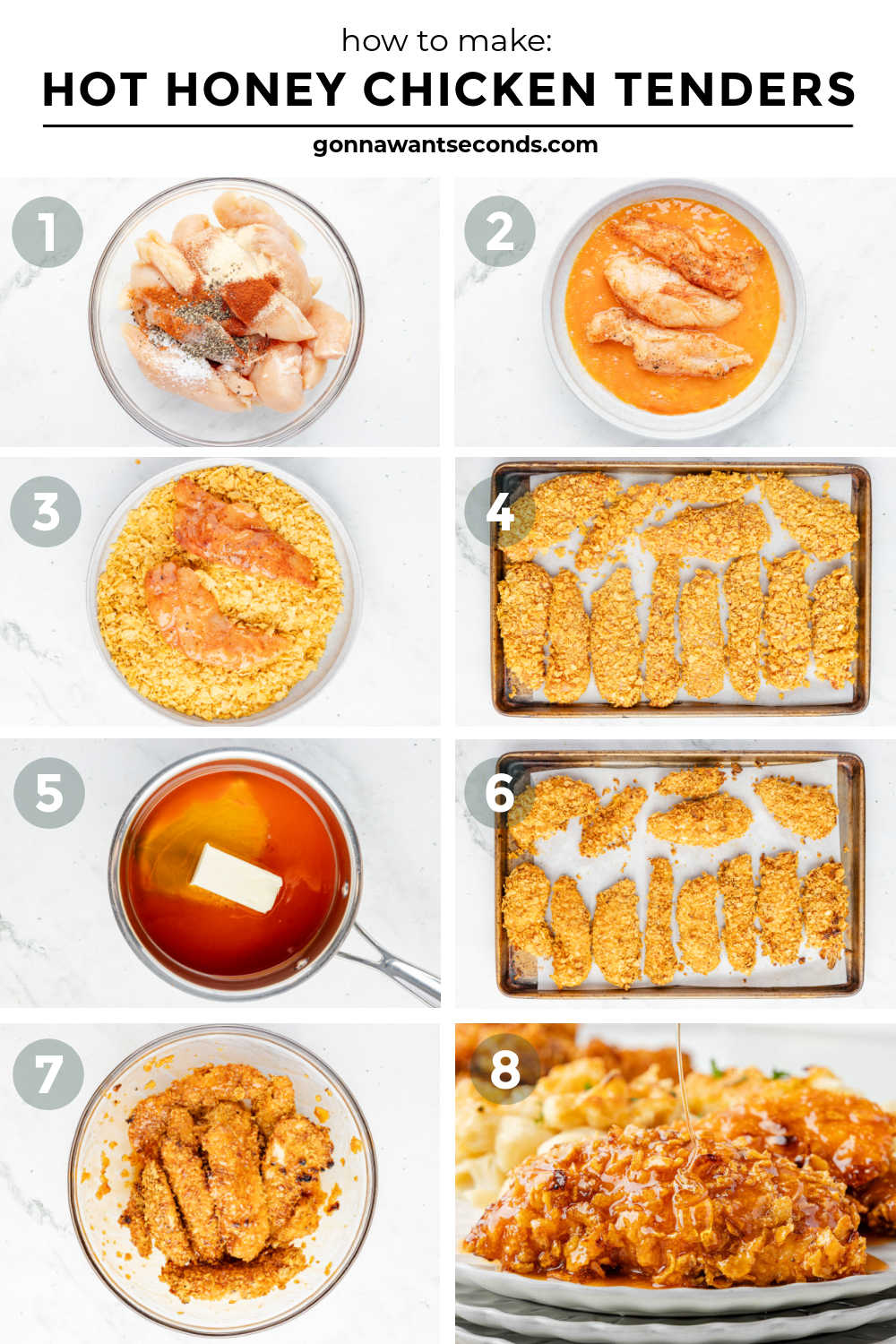 These Hot Honey Chicken Tenders are baked in the oven with a crunchy cornflake coating and finished with a sticky-sweet, lightly spicy hot honey glaze. #chickentenders #hothoneychicken Step by step how to make hot honey chicken tenders