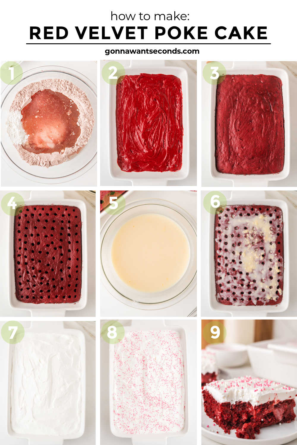 Ultra-moist red velvet poke cake filled with creamy cheesecake pudding and topped with fluffy whipped topping — an easy, make-ahead dessert! #redvelvetcake #pokecake step by step how to make red velvet poke cake