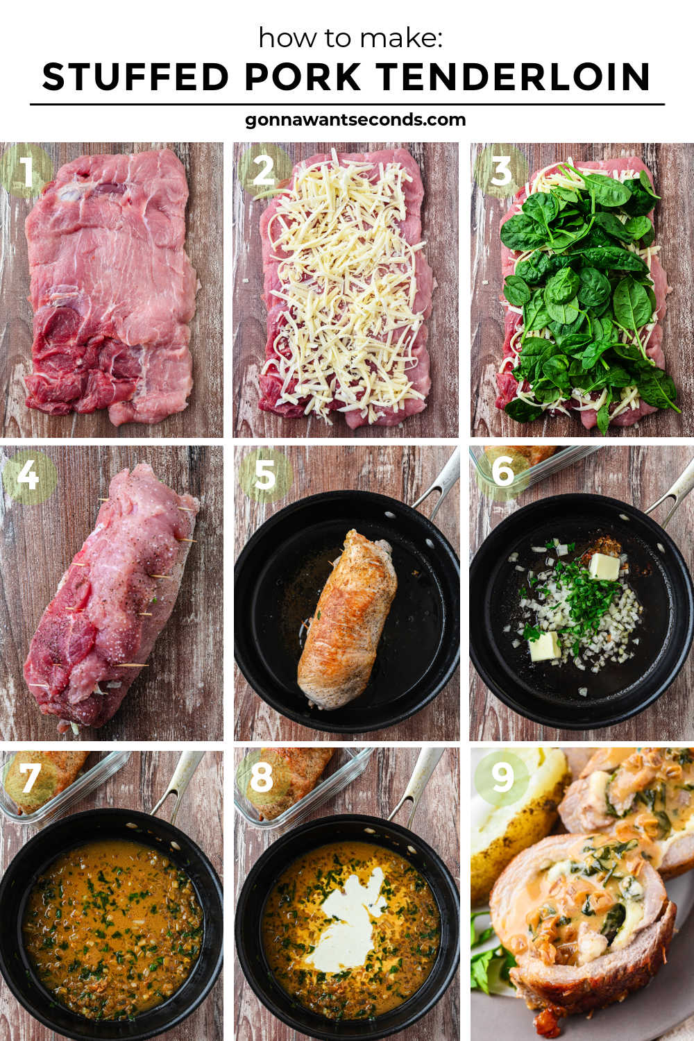 This stuffed pork tenderloin is juicy, tender, and filled with spinach + Gruyère, then finished with a silky white wine cream sauce. #stuffedpork #porktenderloin step by step how to make stuffed pork tenderloin