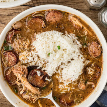 chicken and sausage gumbo with rice in a bowl