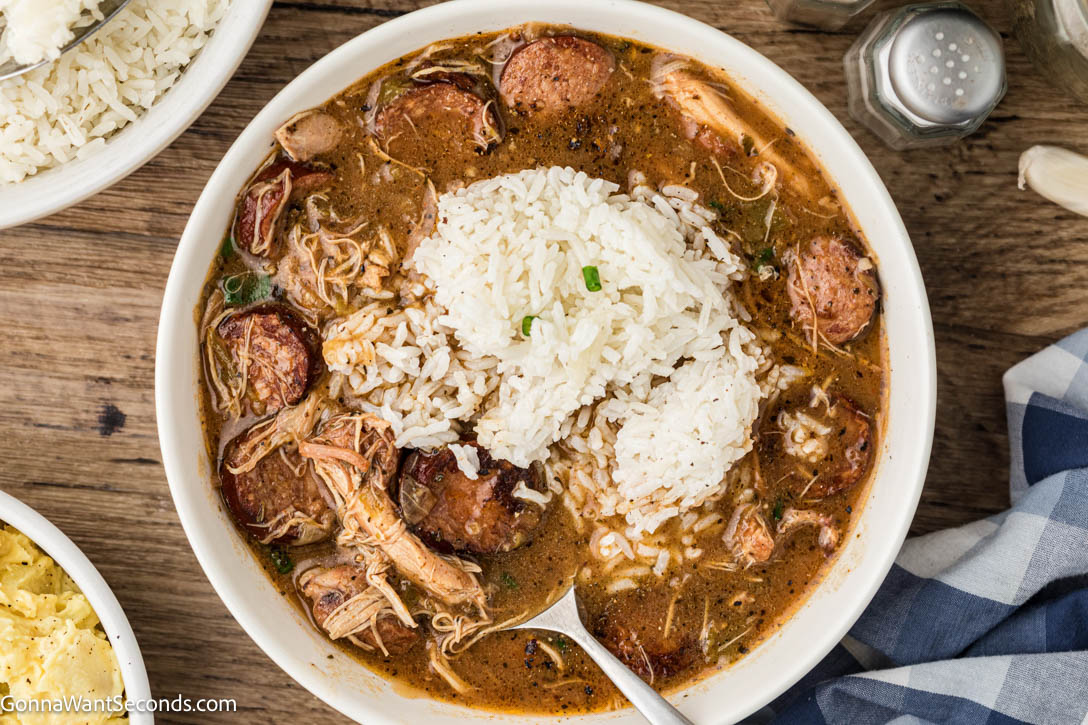 chicken and sausage gumbo with rice in a bowl