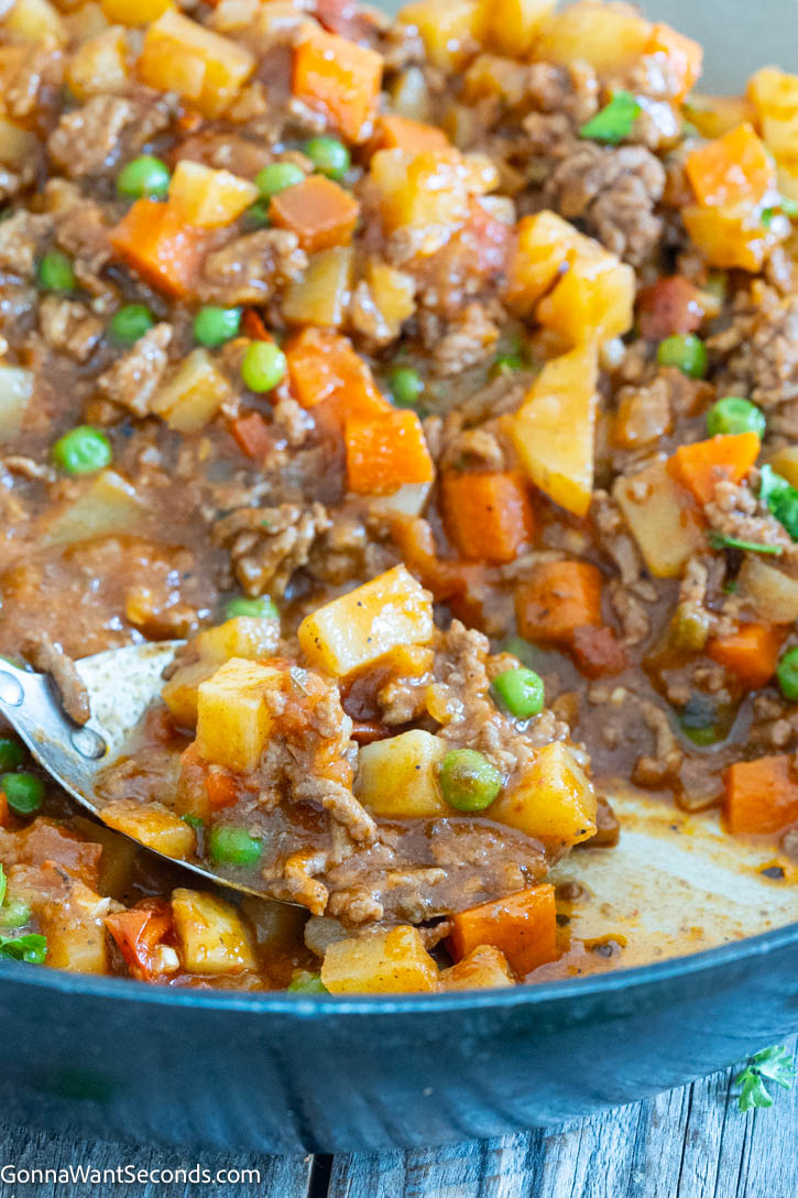 Mexican Picadillo is a cozy, hearty skillet meal with ground beef, potatoes, carrots, and tomatoes. It's simple, affordable, and perfect for busy family dinners. #mexicanfood #picadillo ladle scooping Mexican Picadillo in a skillet