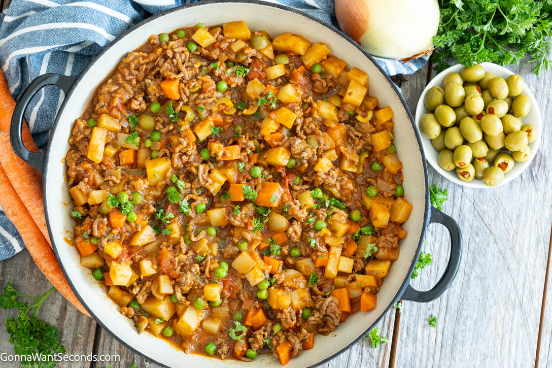 Mexican Picadillo in a skillet top shot