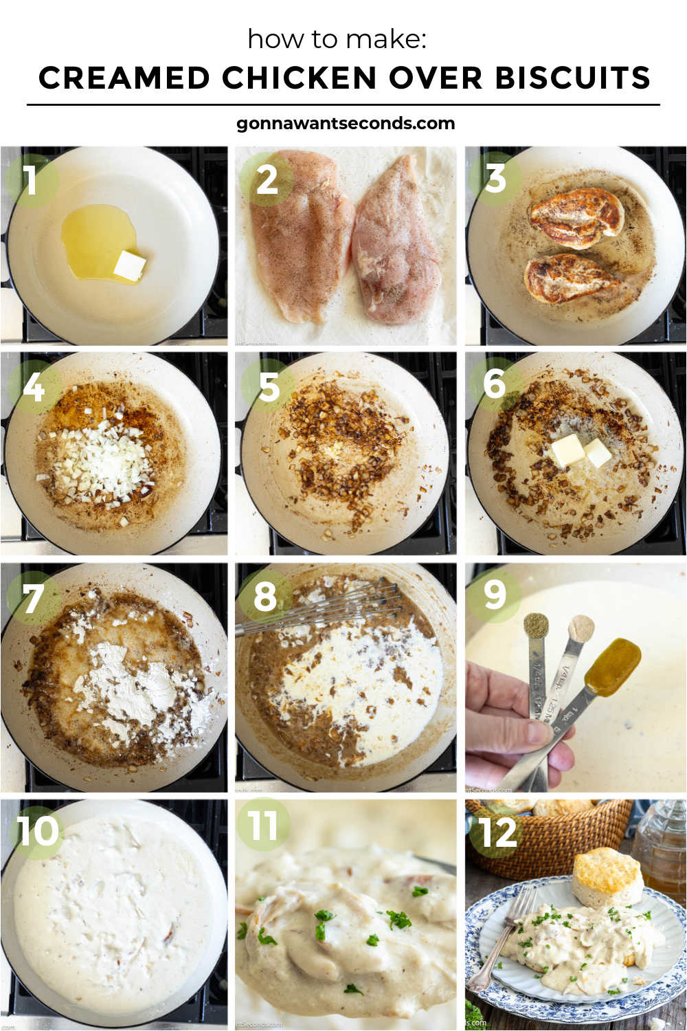 Creamed Chicken Over Biscuits is the ultimate comfort food. Enjoy tender chicken in savory gravy over warm biscuits with this easy, flavor-packed cozy recipe. #creamedchicken #chickenandbiscuits step by step how to make Creamed Chicken Over Biscuits