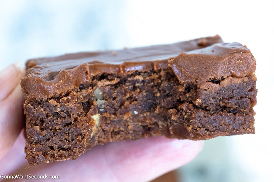 Lunch Lady Brownies are soft, rich school cafeteria brownies topped with smooth, glossy chocolate frosting for a nostalgic, old-fashioned treat. #lunchladybrownies #brownies hand holding a bitten slice of lunch lady brownies up close