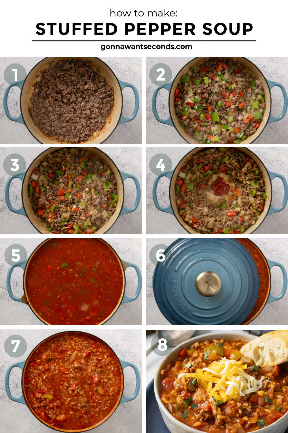 This stuffed pepper soup is rich, cozy, and packed with beef, peppers, and tomato flavor for an easy one-pot dinner with great leftovers. #stuffedpepper #groundbeefsoup step by step how to make stuffed pepper soup