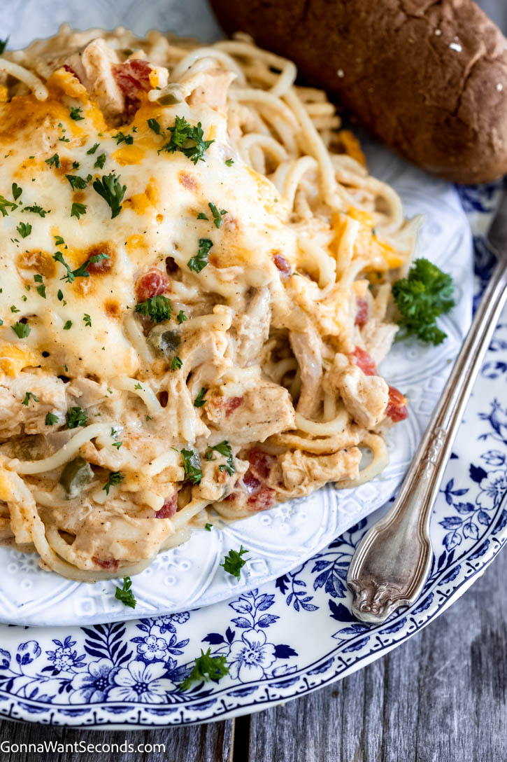 This best creamy chicken spaghetti is baked from scratch with a silky roux-based sauce, tender chicken, and melty cheese for the ultimate comfort food dinner. #creamychicken #chickenspaghetti Best Creamy Chicken Spaghetti with bread on the side on a plate