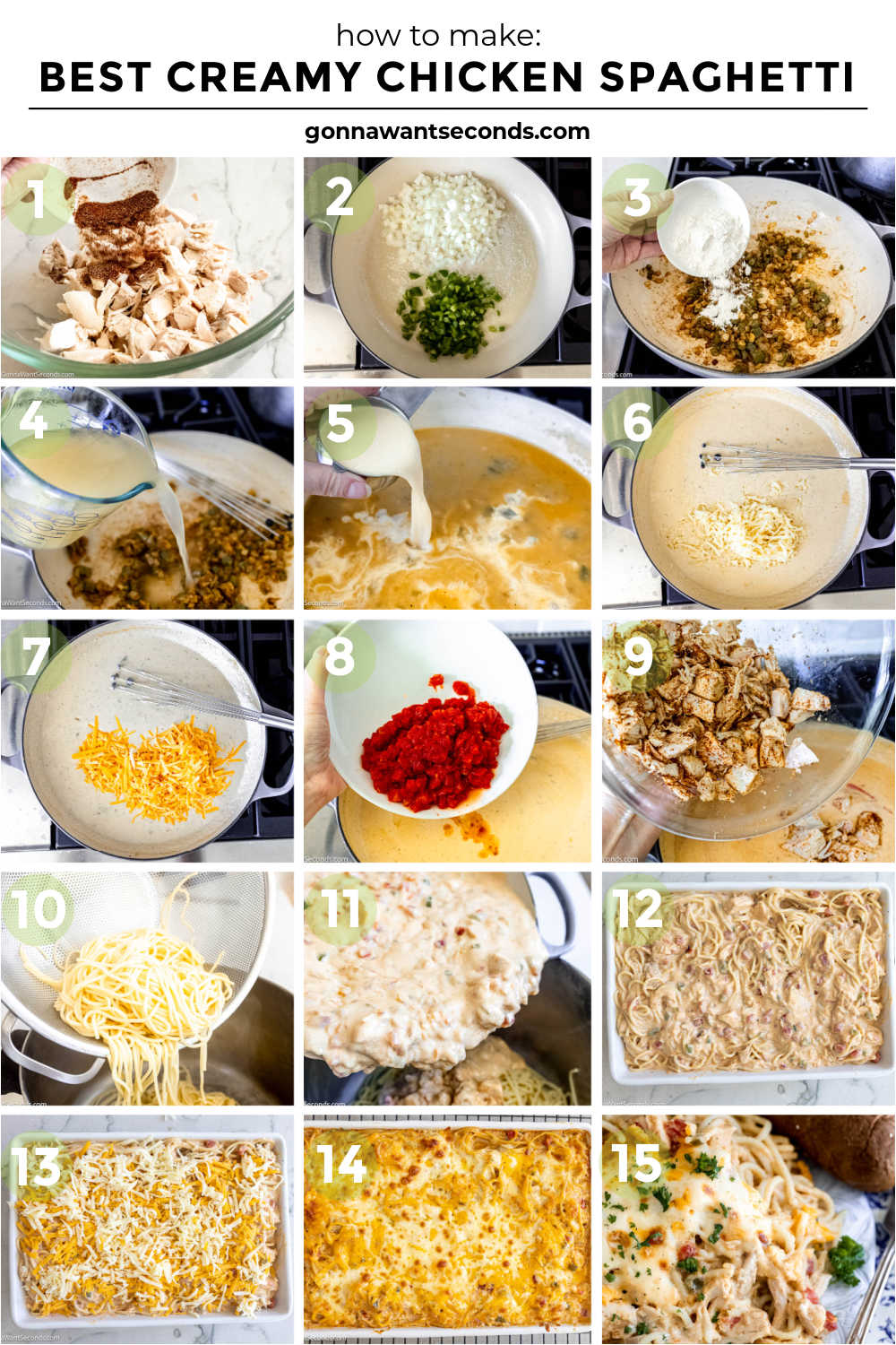This best creamy chicken spaghetti is baked from scratch with a silky roux-based sauce, tender chicken, and melty cheese for the ultimate comfort food dinner. #creamychicken #chickenspaghetti step by step how to make best creamy chicken spaghetti