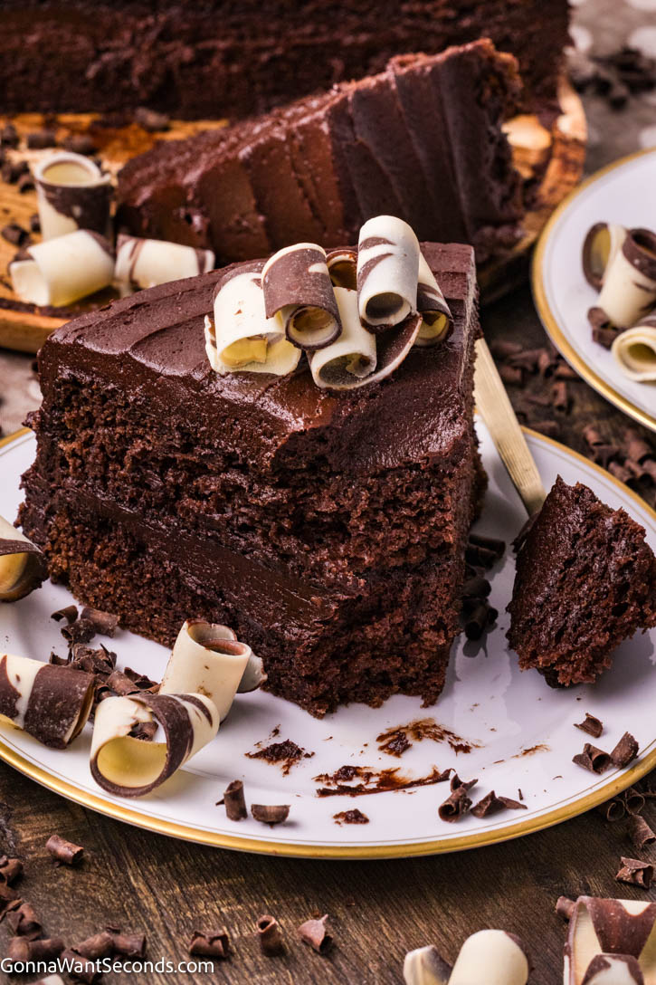 This Best Chocolate Cake is ultra moist, deeply chocolatey, and layered with silky fudge frosting. A rich homemade layer cake everyone will remember. #chocolatecake #bestchocolatecake a slice of best chocolate cake topped with chocolate swirls